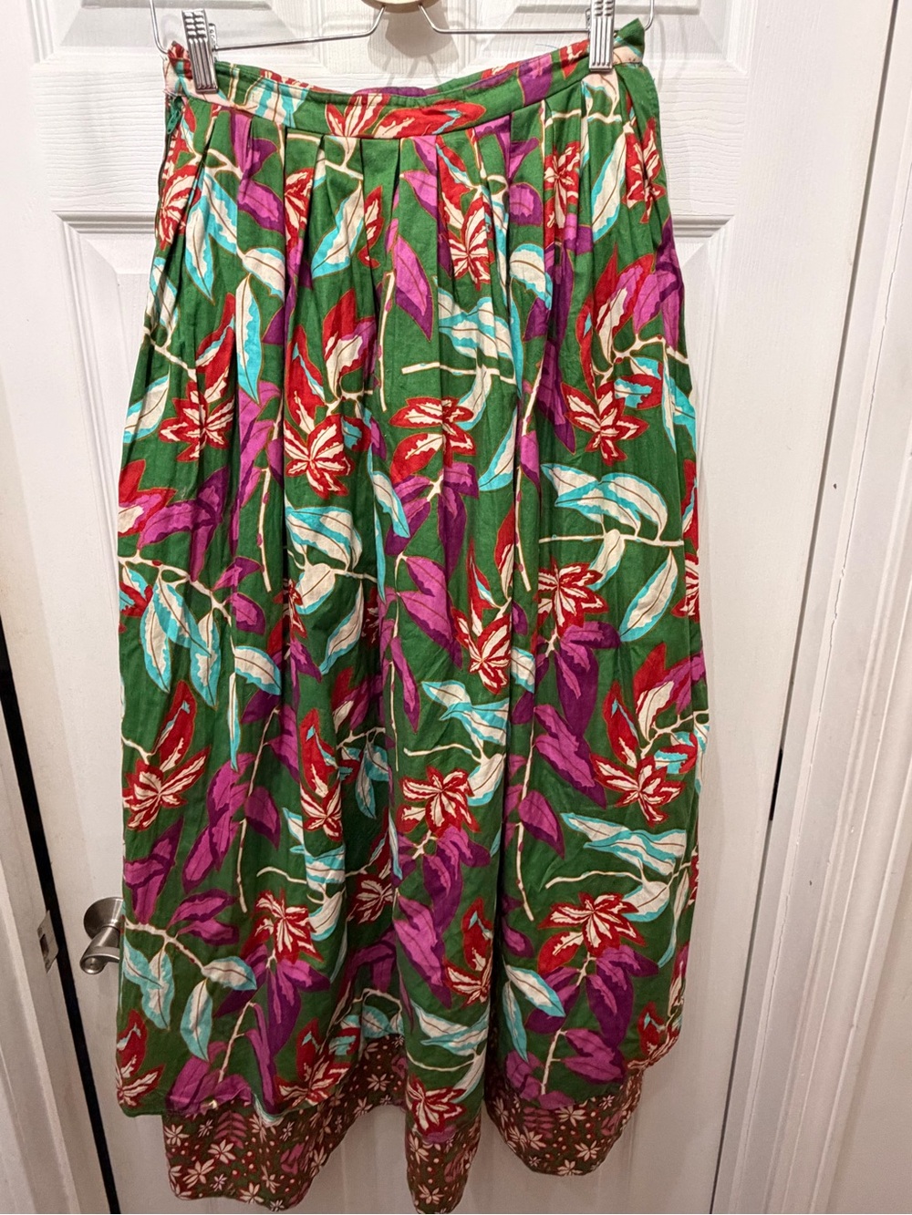 Vintage Boho Cotton Anne Klein Green Floral Maxi Skirt with Red & Purple Accents